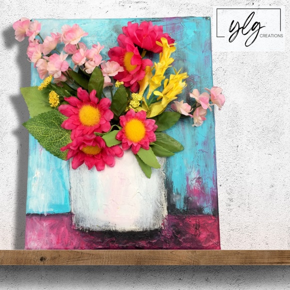 Floral Mixed Media 3D Painting Canvas Pink Blue Flowers Acrylic Original 8 x 10 - Picture 1 of 5